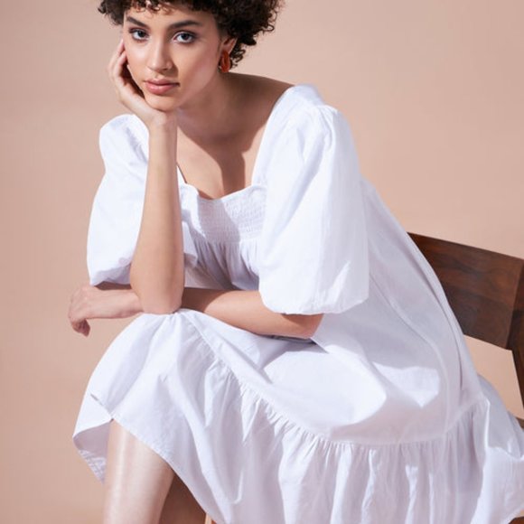 White Cotton Poplin Puff Sleeves Tiered Dress, - Picture 2 of 8